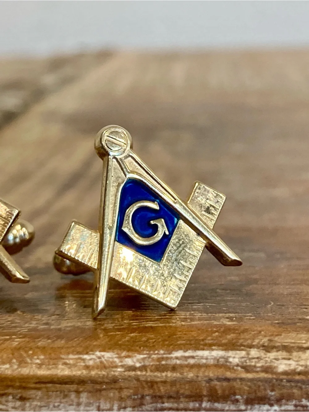 Vintage Masonic Square & Compass Cufflinks with Blue Enamel Gold Tone